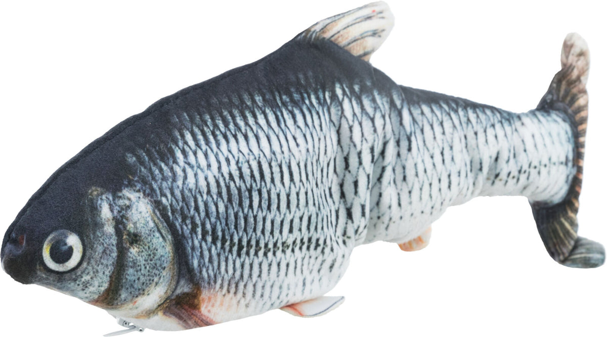 Weiches Fischspielzeug in Grautönen mit schwarzen Streifen und realistischer Fischform.