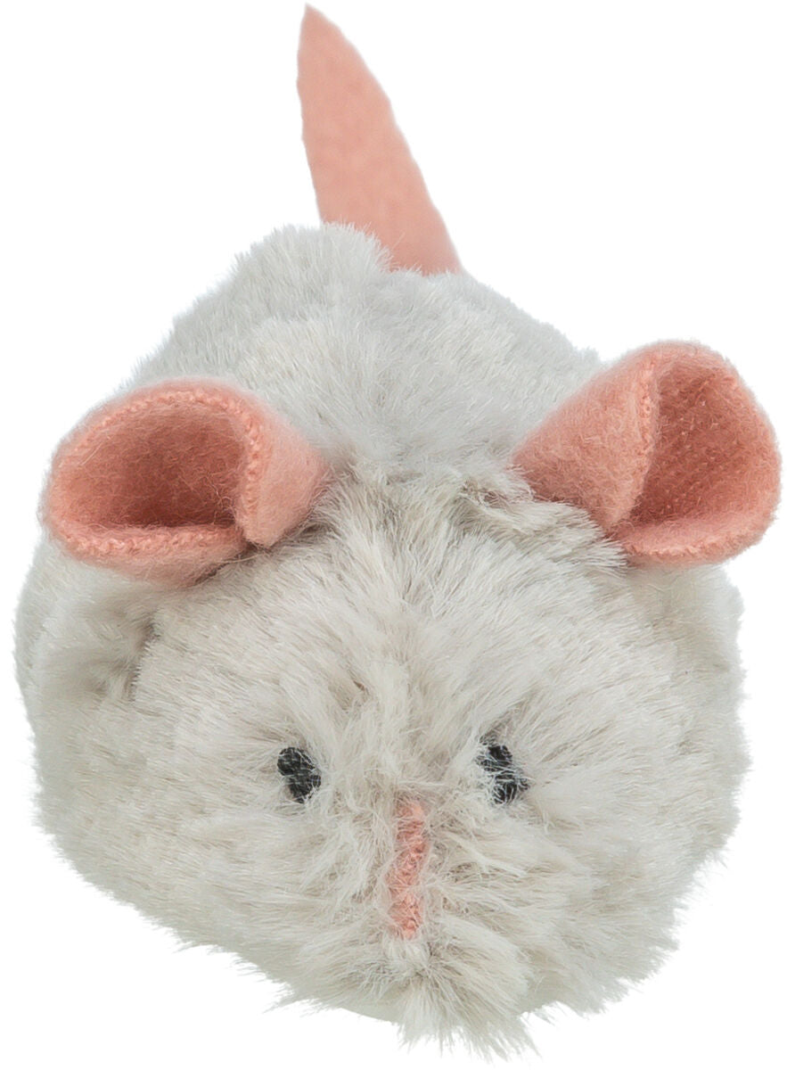 Graues, flauschiges Plüschspielzeug in Form einer Maus mit rosa Ohren und Schwanz, schwarze Augen und Nase.