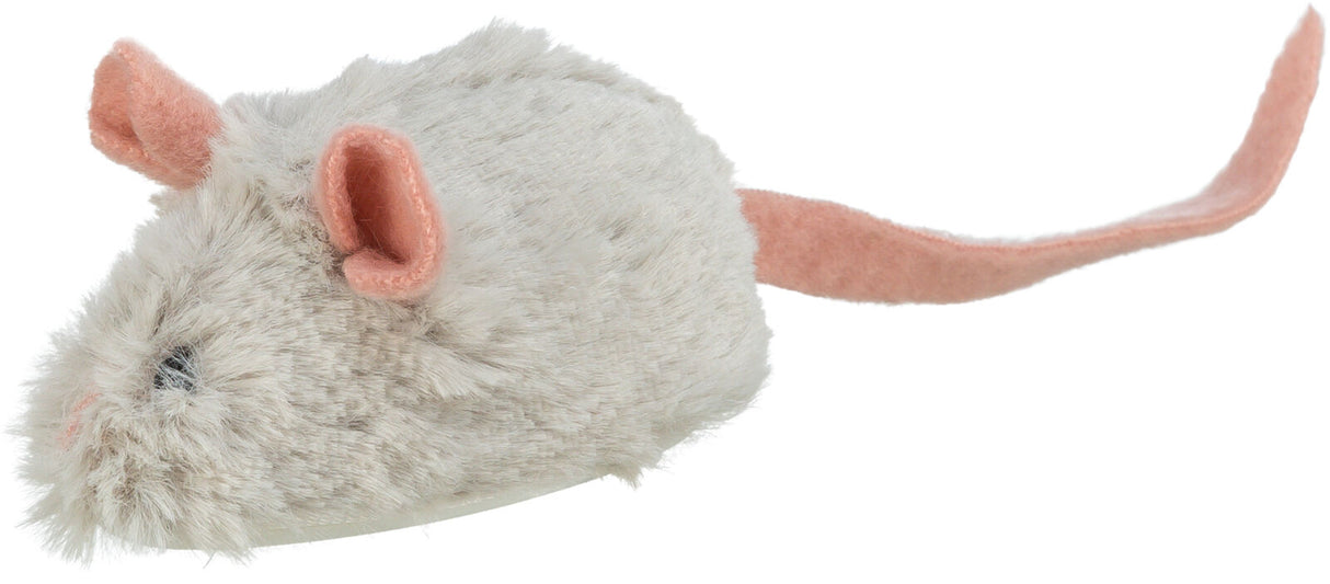 Graues Plüschtier in Form einer Maus mit rosafarbenen Ohren und Schwanz auf weißem Hintergrund.