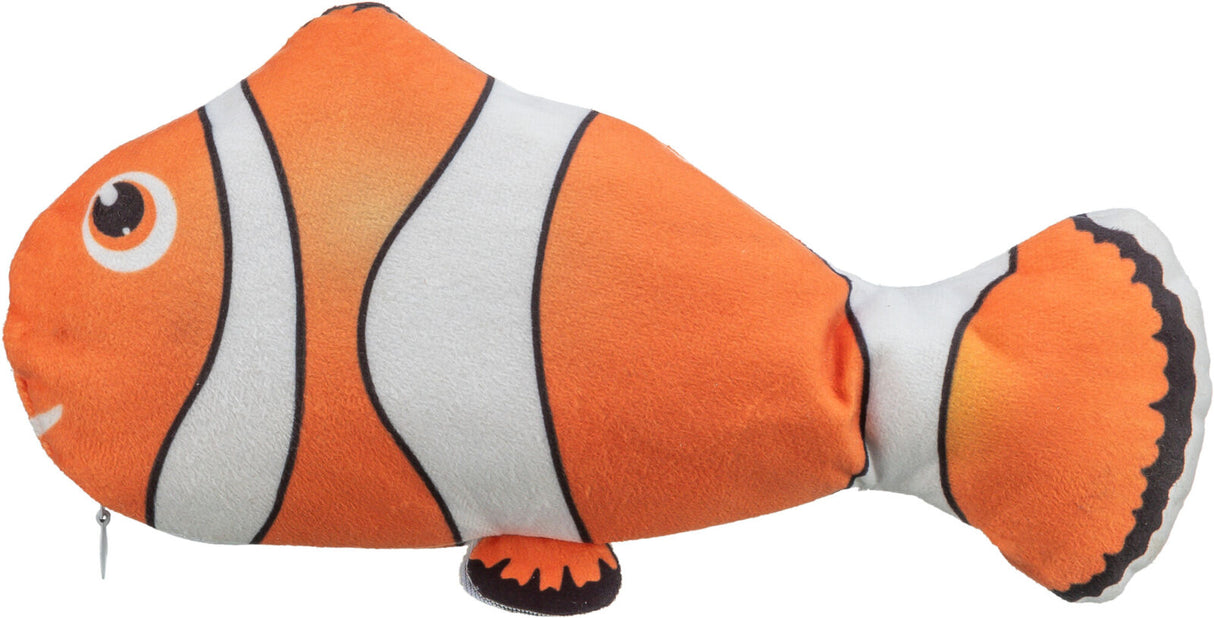 Orange-weiß gestreiftes Plüschtier in Form eines Fisches mit aufgenähtem Auge und Flossen an der Seite.