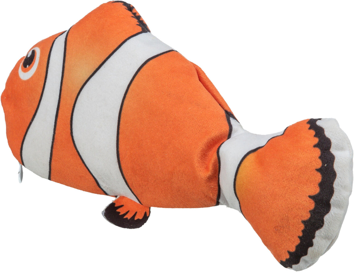 Ein oranges Kuscheltier in Form eines Fisches mit weißen und schwarzen Streifen, ähnlich einem Clownfisch.