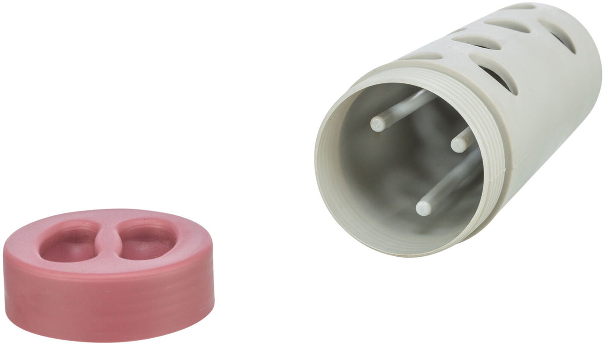 Zylindrisches Kunststoffbehältnis in Weiß, mit abnehmbarem, rosa Deckel und mehreren Öffnungen an der Seite.