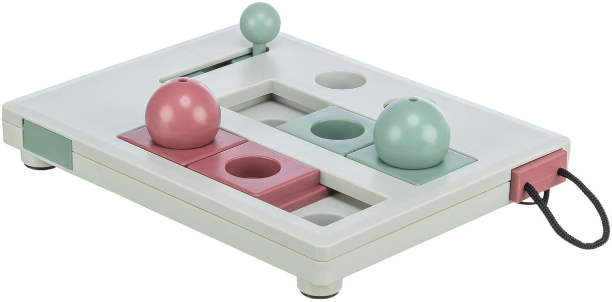 Rechteckiges Spielzeug mit rosa und mintgrünen Kugeln und Schiebefunktion auf weißem Rahmen.