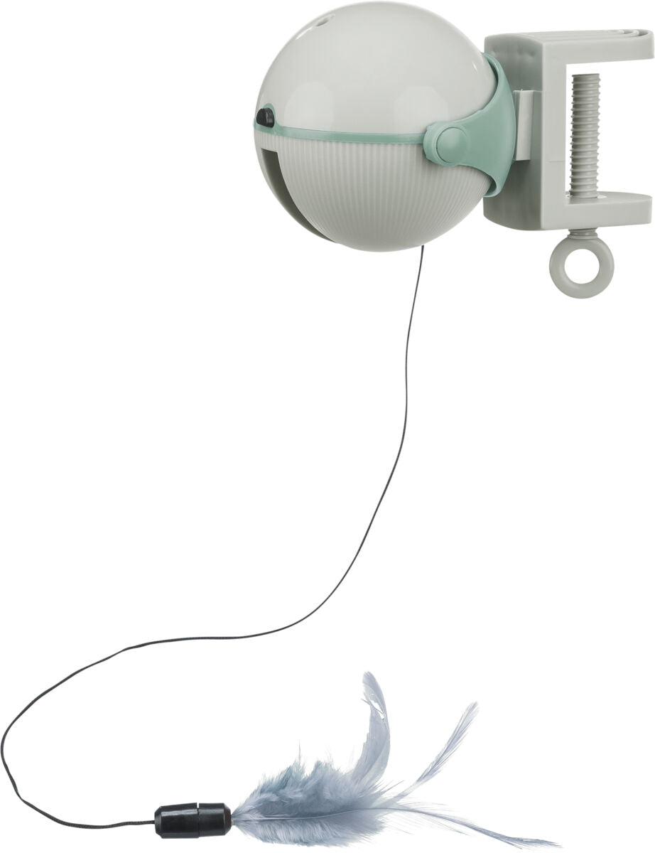 Eine graue Spielzeugkugel mit Klemme, Kabel und Feder am Ende, ideal für Katzenunterhaltung.