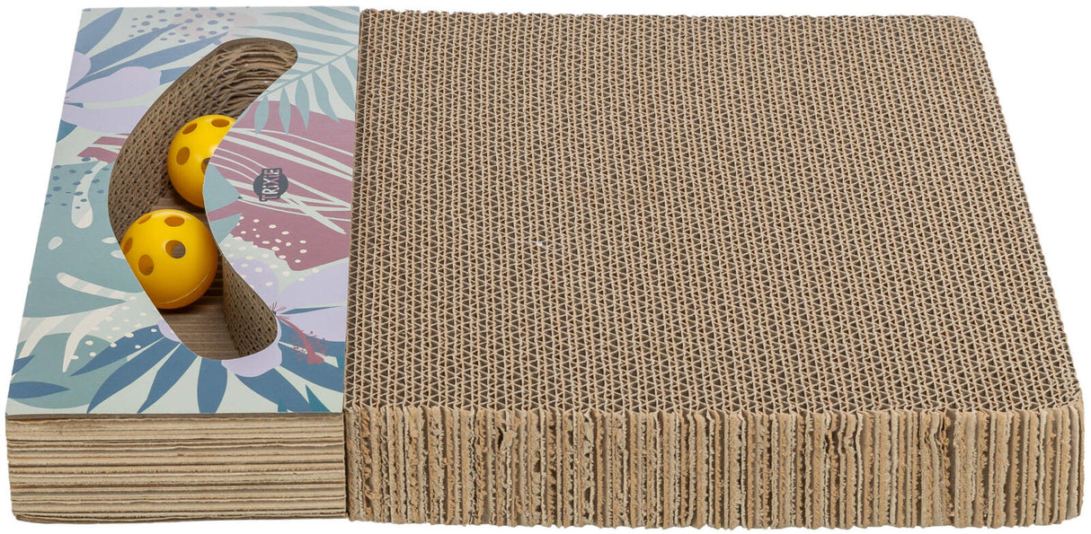 Rechteckige Kratzmatte aus Wellpappe mit buntem Einsatz und zwei gelben Bällen in einem Ausschnitt.