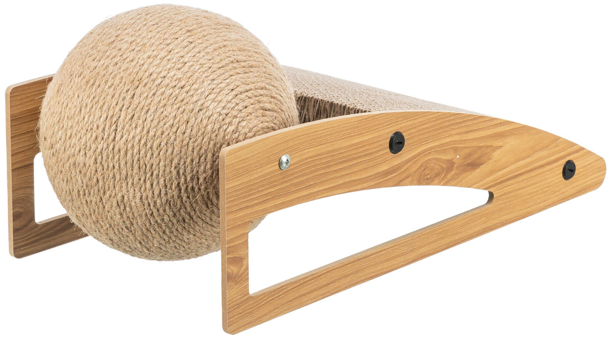 L-förmige Halterung aus Holz mit einer großen Kugel aus grobem, hellbraunem Seil und seitlichen Schrauben.