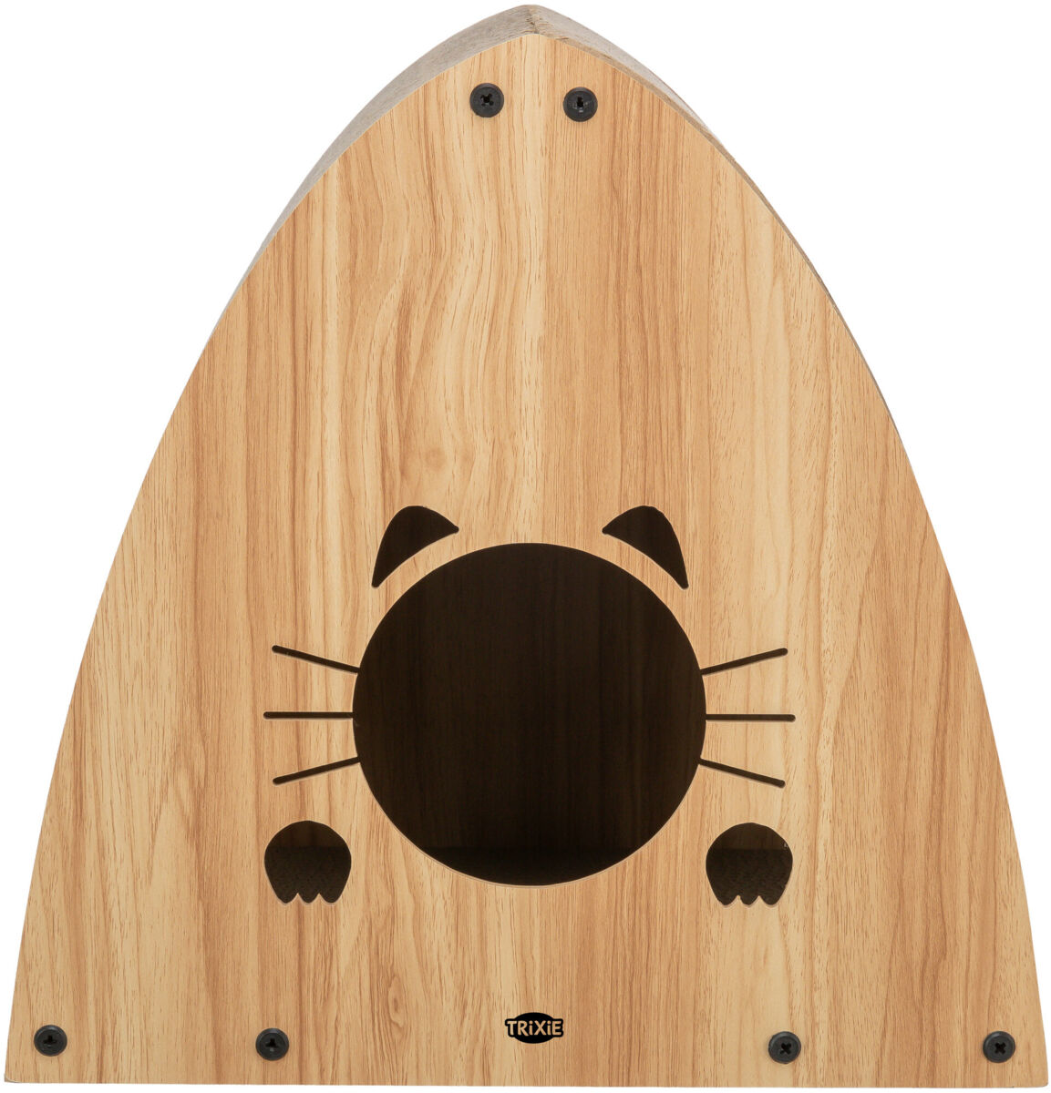 Dreieckige Holzstruktur mit katzenförmigem Ausschnitt und sichtbarem schwarzen TRIXIE-Logo auf der Unterseite.