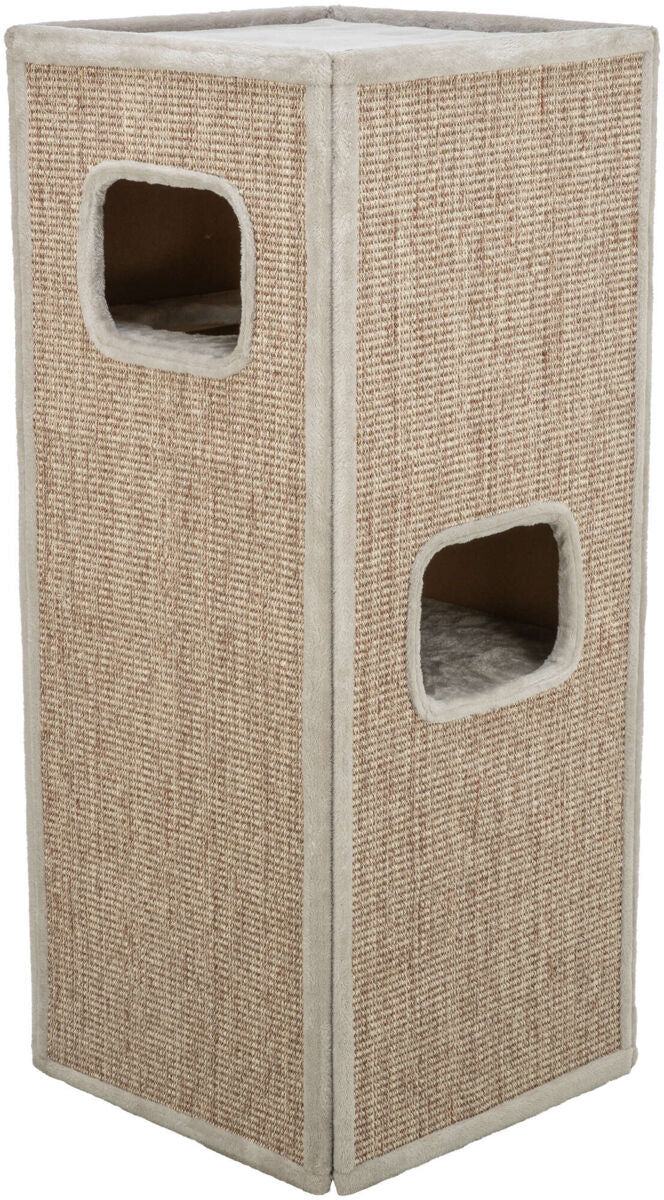 Hohe, beige Box mit zwei Öffnungen, textiler Struktur, weiche Kanten und flacher Oberseite.