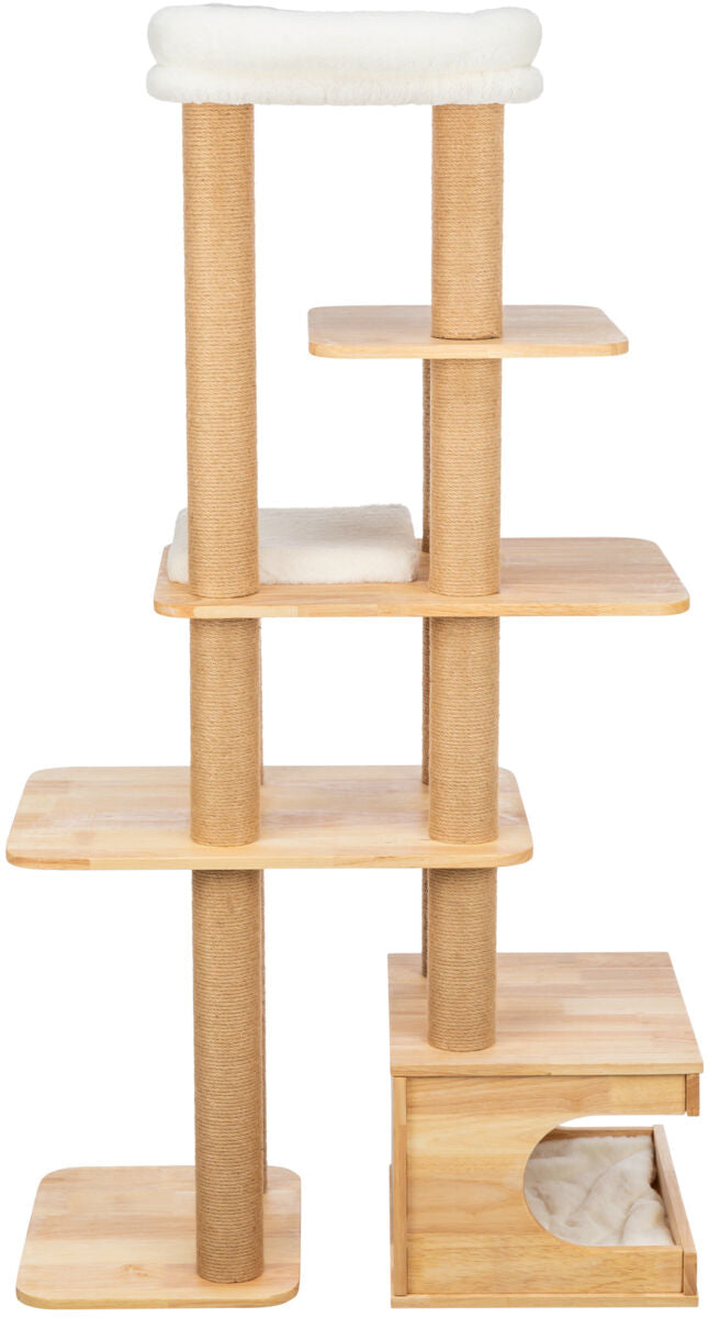 Katzenbaum aus hellem Holz mit mehreren Plattformen und einem runden Höhlenbereich, teils mit weichen Bezügen.