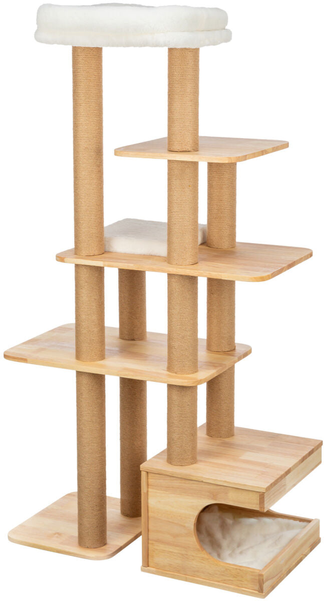 Kratzbaum aus hellem Holz mit mehreren Ebenen und mit Sisal umwickelten Säulen, am Boden eine Höhle.