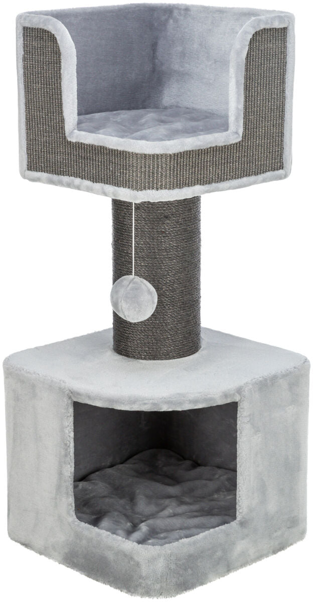 Katzenkratzbaum mit grauer Höhle und Sitzbereich, Sisalstamm und hängendes Spielzeug aus Pelzimitat.