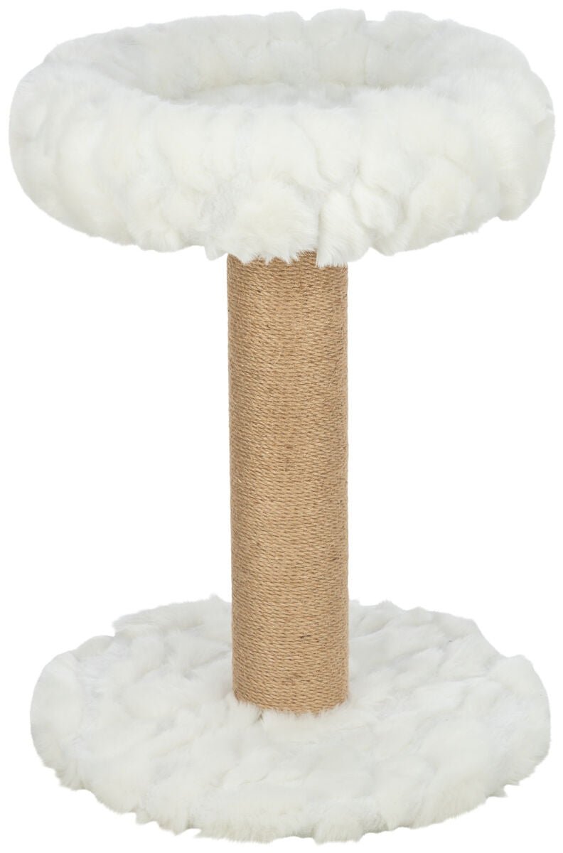 Katzenkratzbaum mit weißem Plüschbezug und einer beigen, mit Seil umwickelten Säule.