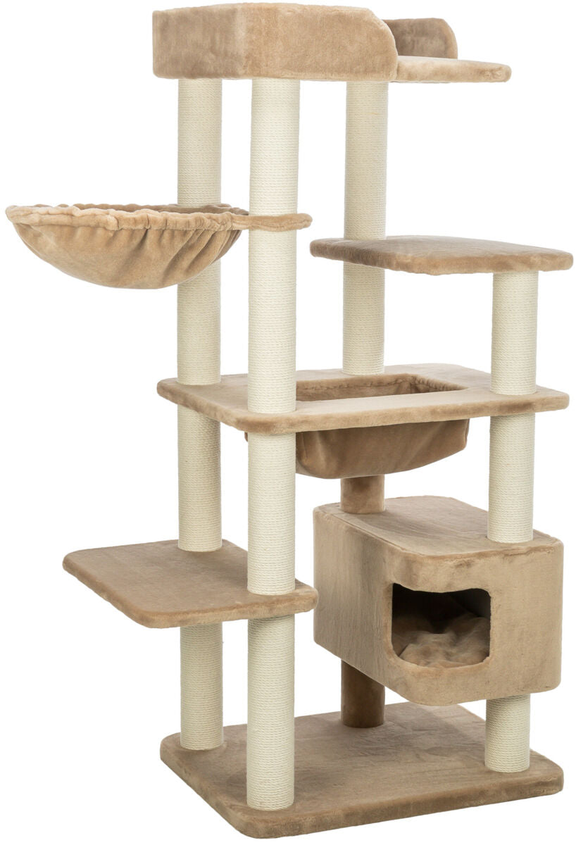 Kratzbaum mit mehreren Ebenen, Plattformen und einer Höhle in Beige, mit beigen Sisalstämmen und einer Hängematte.