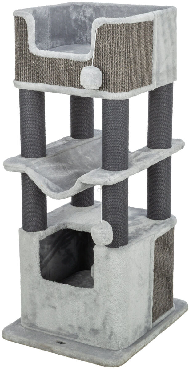 Kratzbaum mit drei Ebenen, integriertem Spielball und einer Höhle, grau mit dunklen Kratzsäulen.