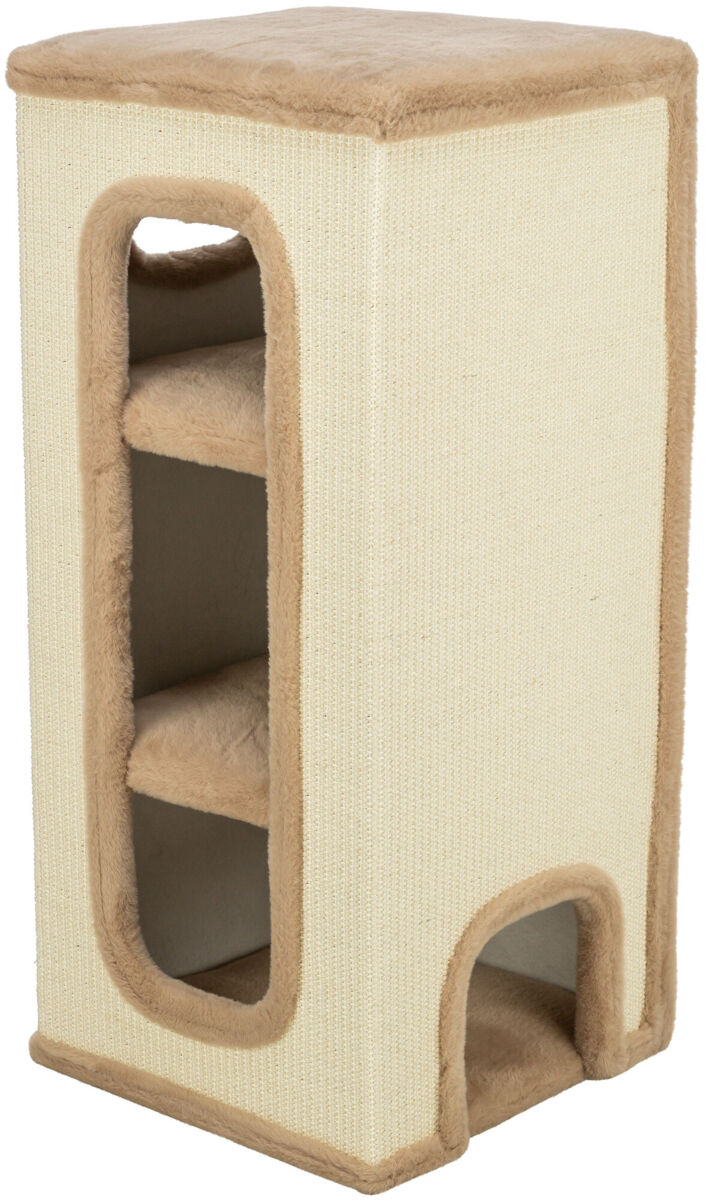Beigefarbene, rechteckige Kratzbox mit seitlichen Öffnungen und mehreren Ebenen im Inneren.