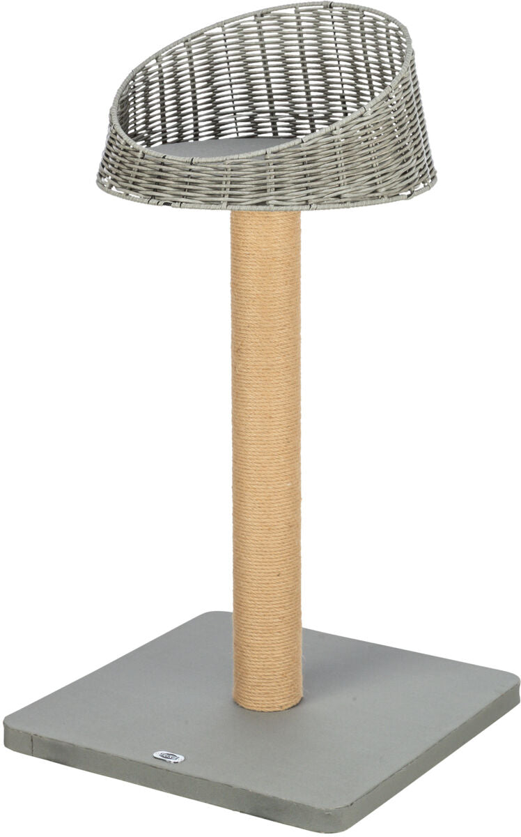 Kratzbaum mit runder Sisalsäule und grauer Korbplattform auf quadratischer grauer Basis aus Textil.
