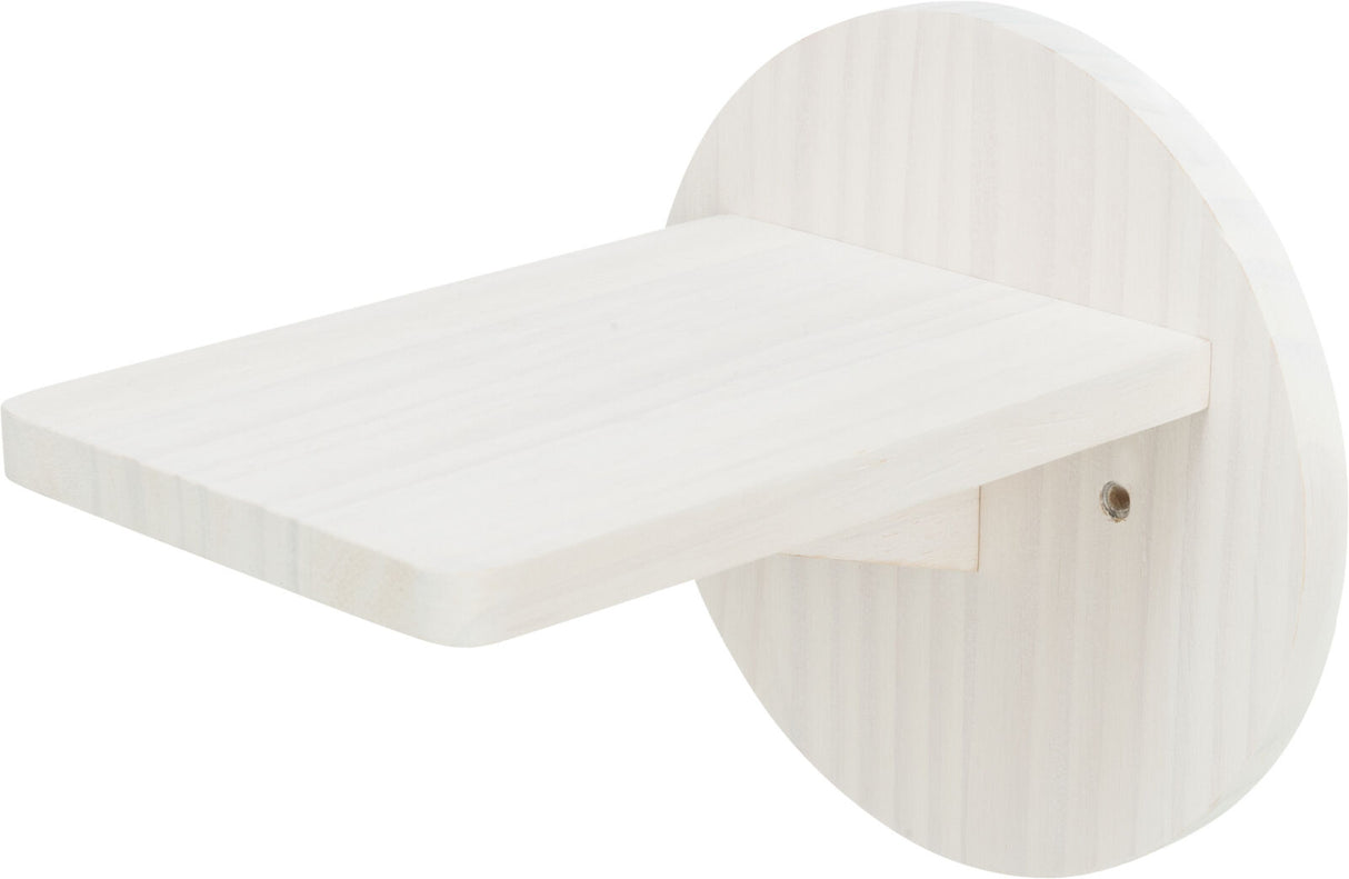 Rundes, naturfarbenes Holzregal mit rechteckiger Ablagefläche auf runder Rückwand, schlichte Gestaltung.