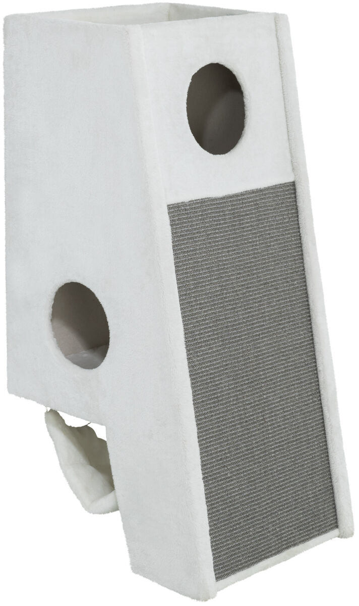 Weiß-grauer Turm mit Löchern und integrierter Sisalfläche, rechteckige Form, mehrere Öffnungen sichtbar.