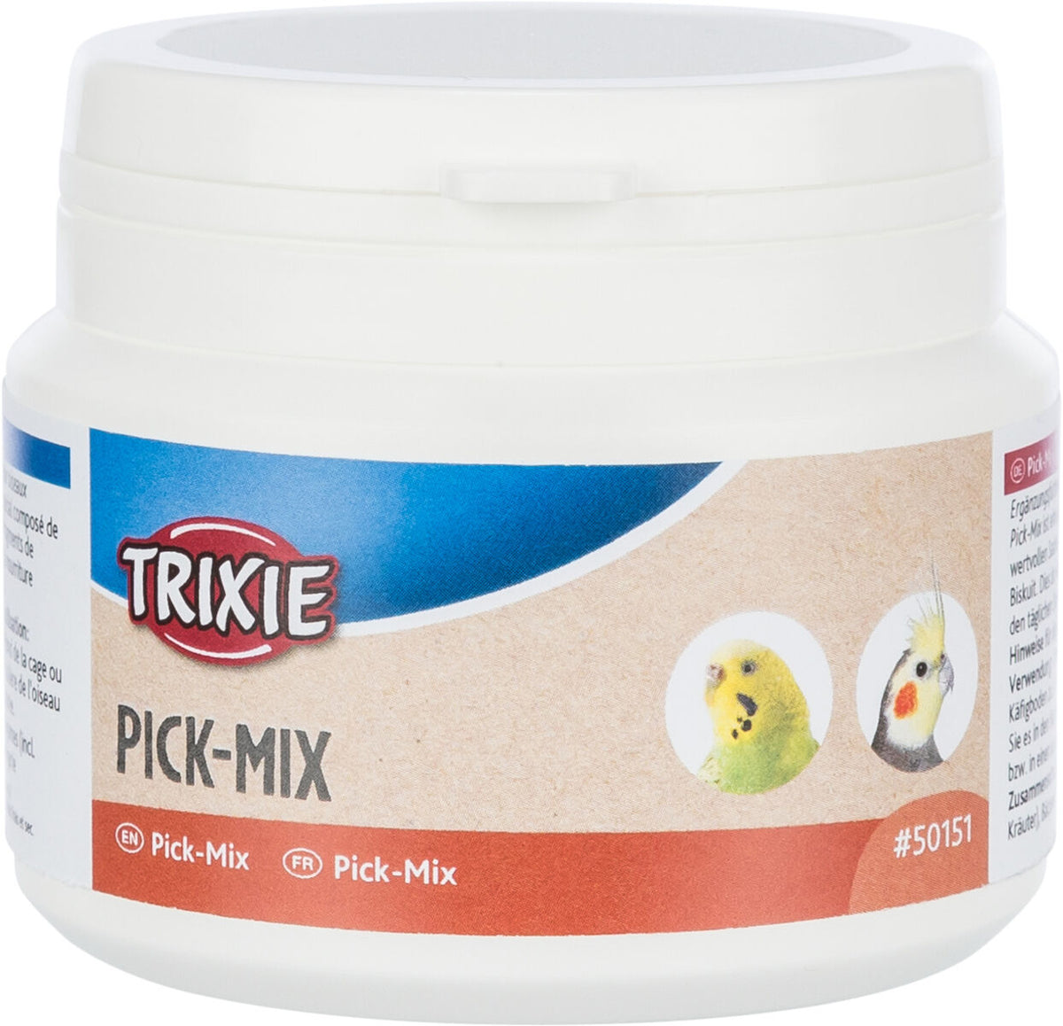 Ein weißer Behälter mit braunem Etikett, blauem Bereich, zwei Vogelbildern und dem Text "TRIXIE PICK-MIX".