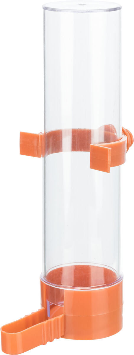 Transparenter Zylinderbehälter mit orangenen Halterungen und einer Öffnung am unteren Ende.