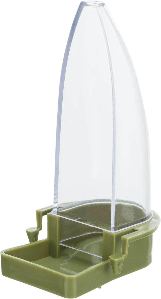 Transparenter Kunststoffbehälter mit grüner Basis und zwei Haken, möglicherweise ein Futter- oder Wasserbehälter.