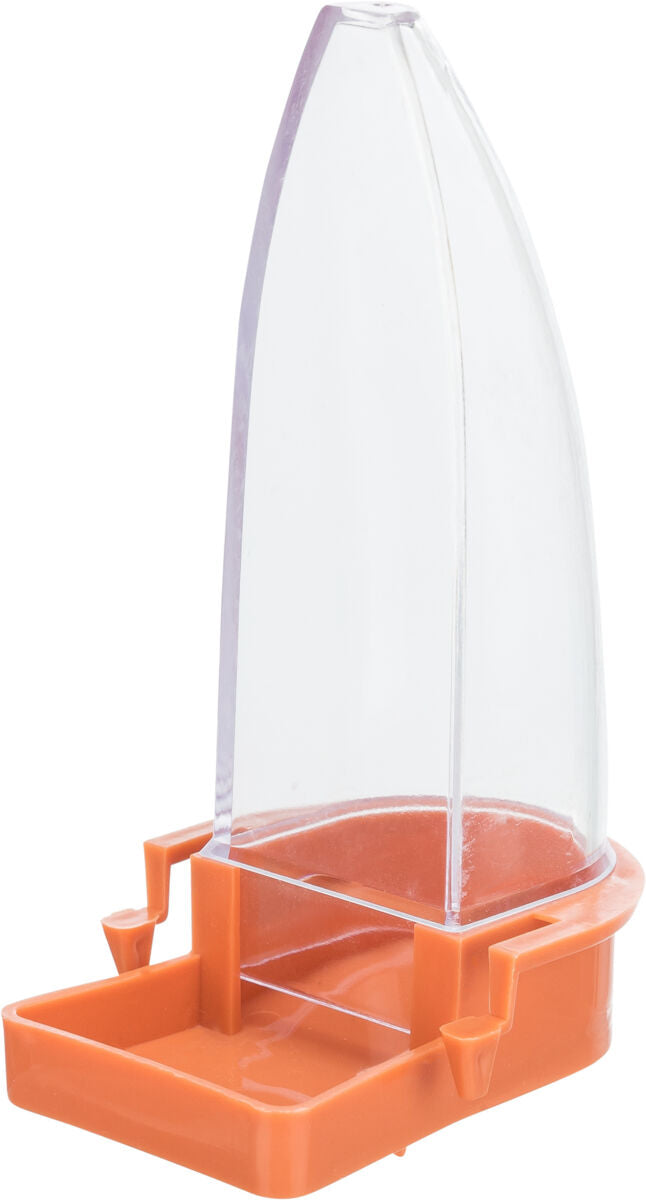 Transparenter Kunststoffbehälter mit orangefarbener Basis und halbrunder Schutzabdeckung.