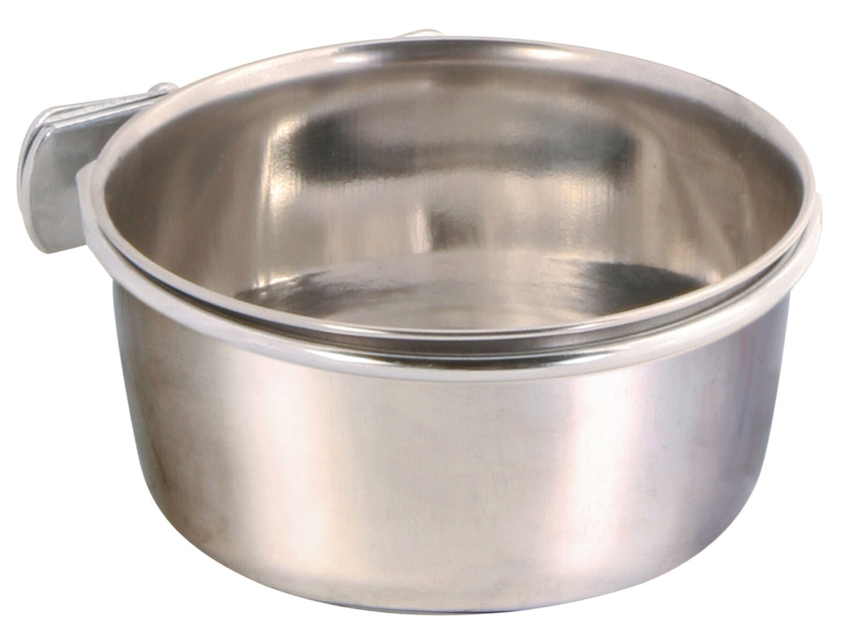 Metallschale aus Edelstahl mit einer Halterung an der Seite, glatte Oberfläche, reflektierende Optik.
