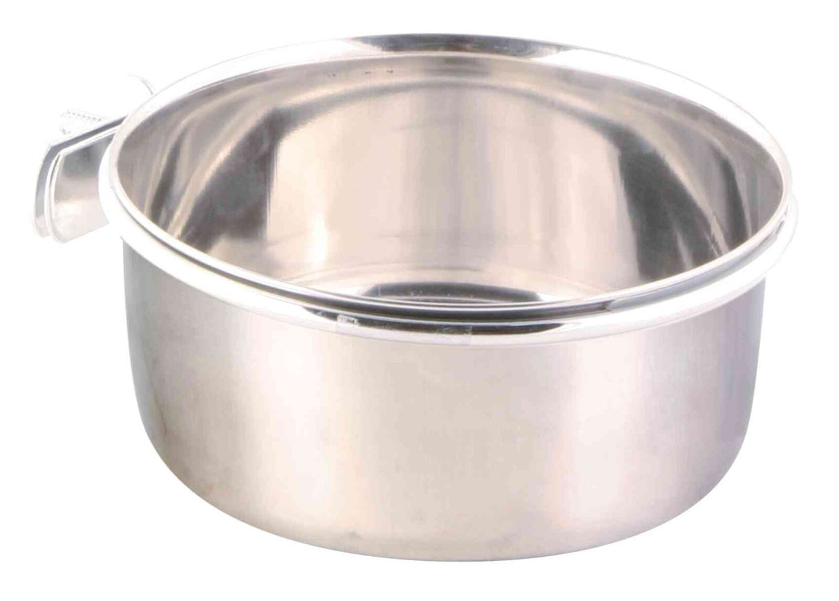 Metallnapf aus glänzendem Stahl mit rundem Rand und Halterung an der Seite.