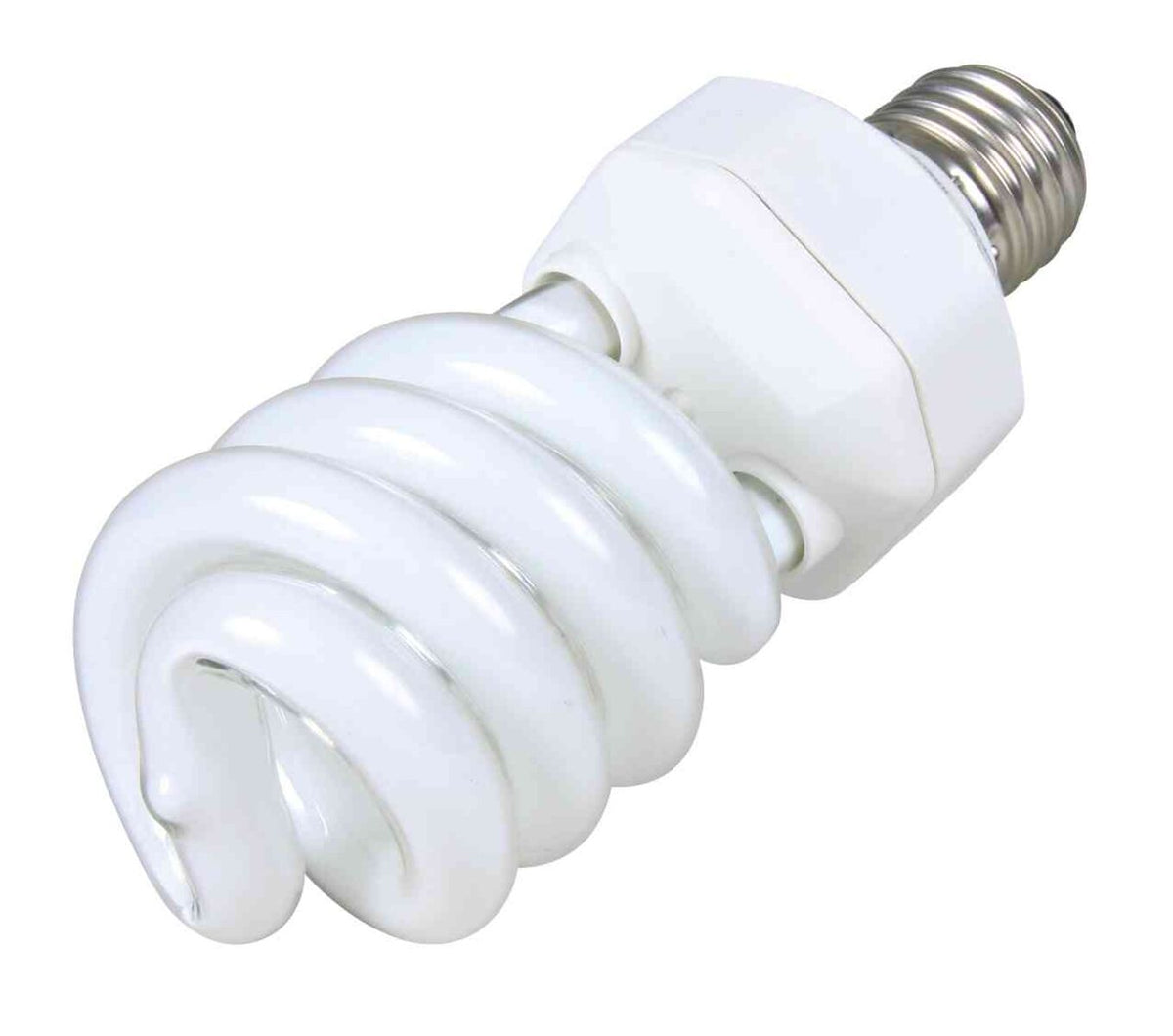 Die Abbildung zeigt eine spiralförmige, weiße Energiesparlampe mit Schraubsockel auf weißem Hintergrund.