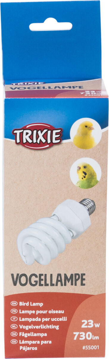 Verpackung einer Vogellampe von Trixie, 23 Watt, 730 Lumen, mit Bildern von zwei Vögeln und mehrsprachiger Beschreibung.