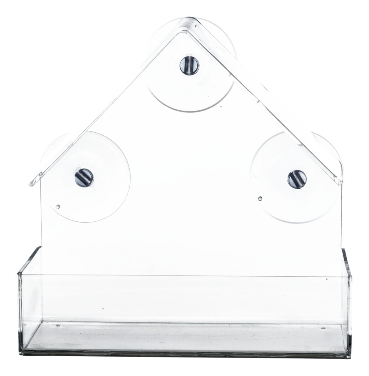 Transparenter, rechteckiger Behälter mit drei Saugnäpfen an der Rückseite und einem Giebeloberteil.