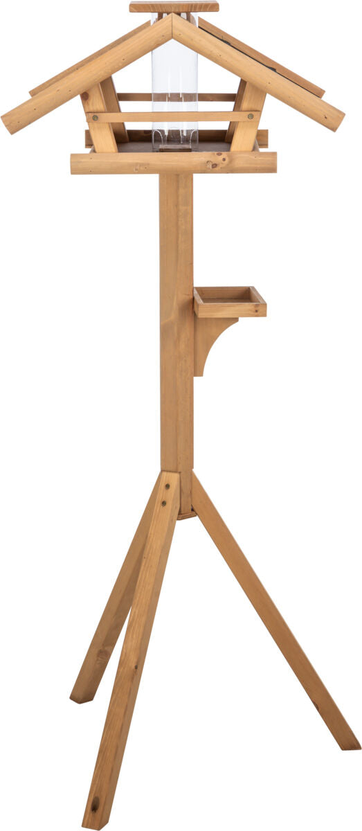 Freistehendes, dreibeiniges Vogelhaus aus hellem Holz mit schrägem Dach und klarem Sichtfenster in der Mitte.