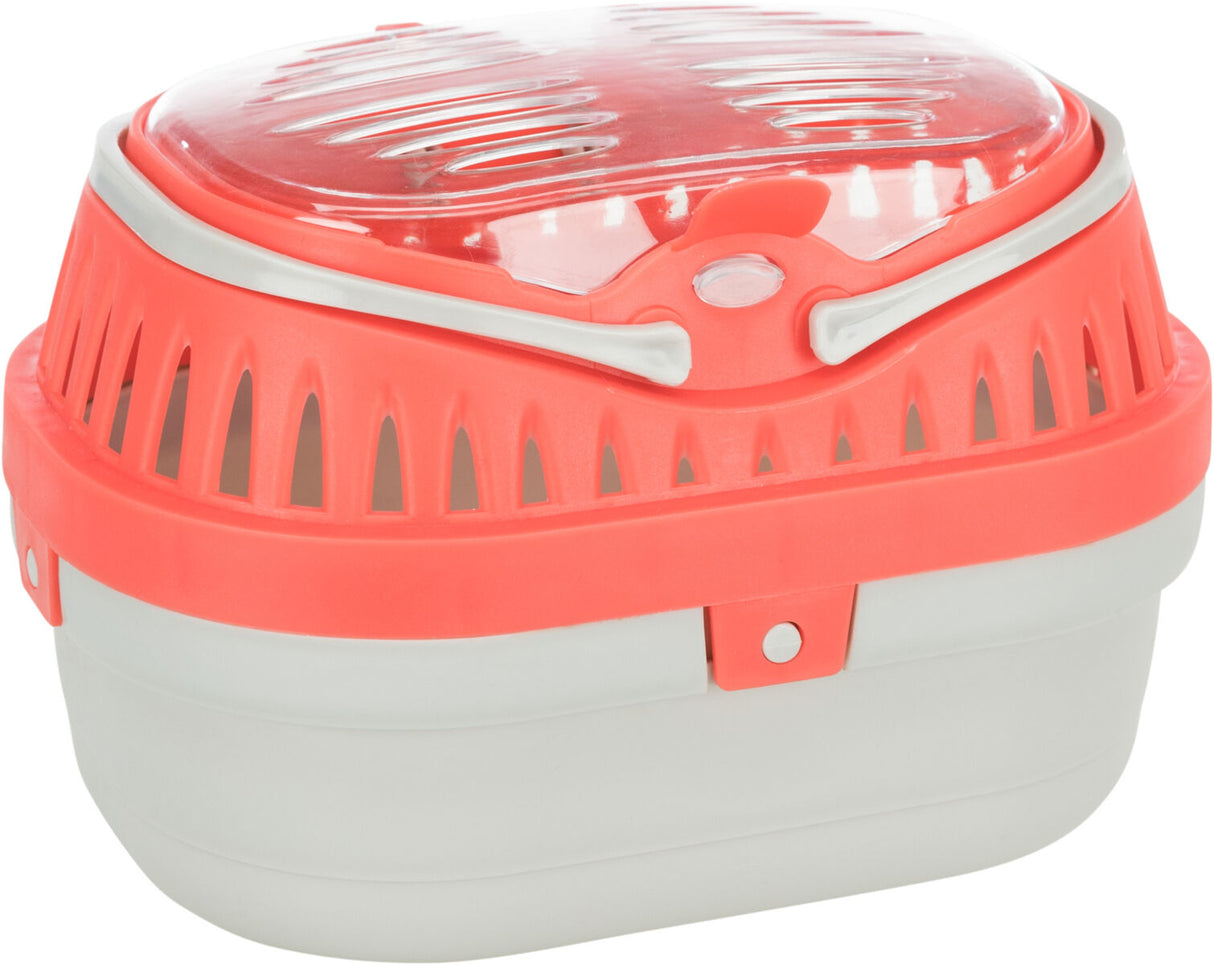 Graue und korallrote Transportbox mit belüftetem Deckel und Verriegelungssystem.