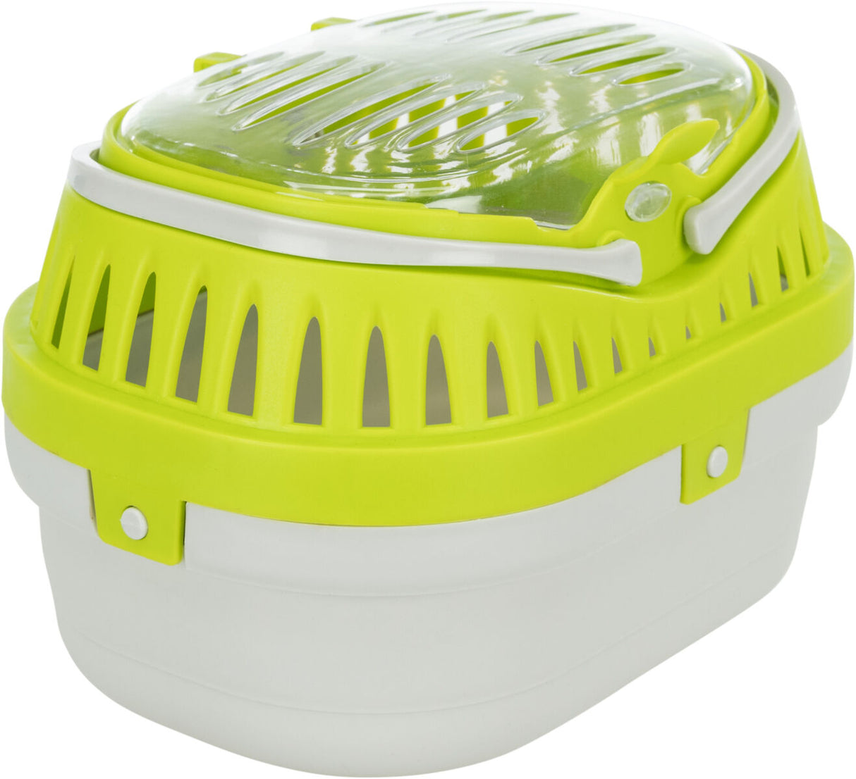 Transportbox mit belüfteter, grün-weißer Kunststoffabdeckung und transparentem Deckel.