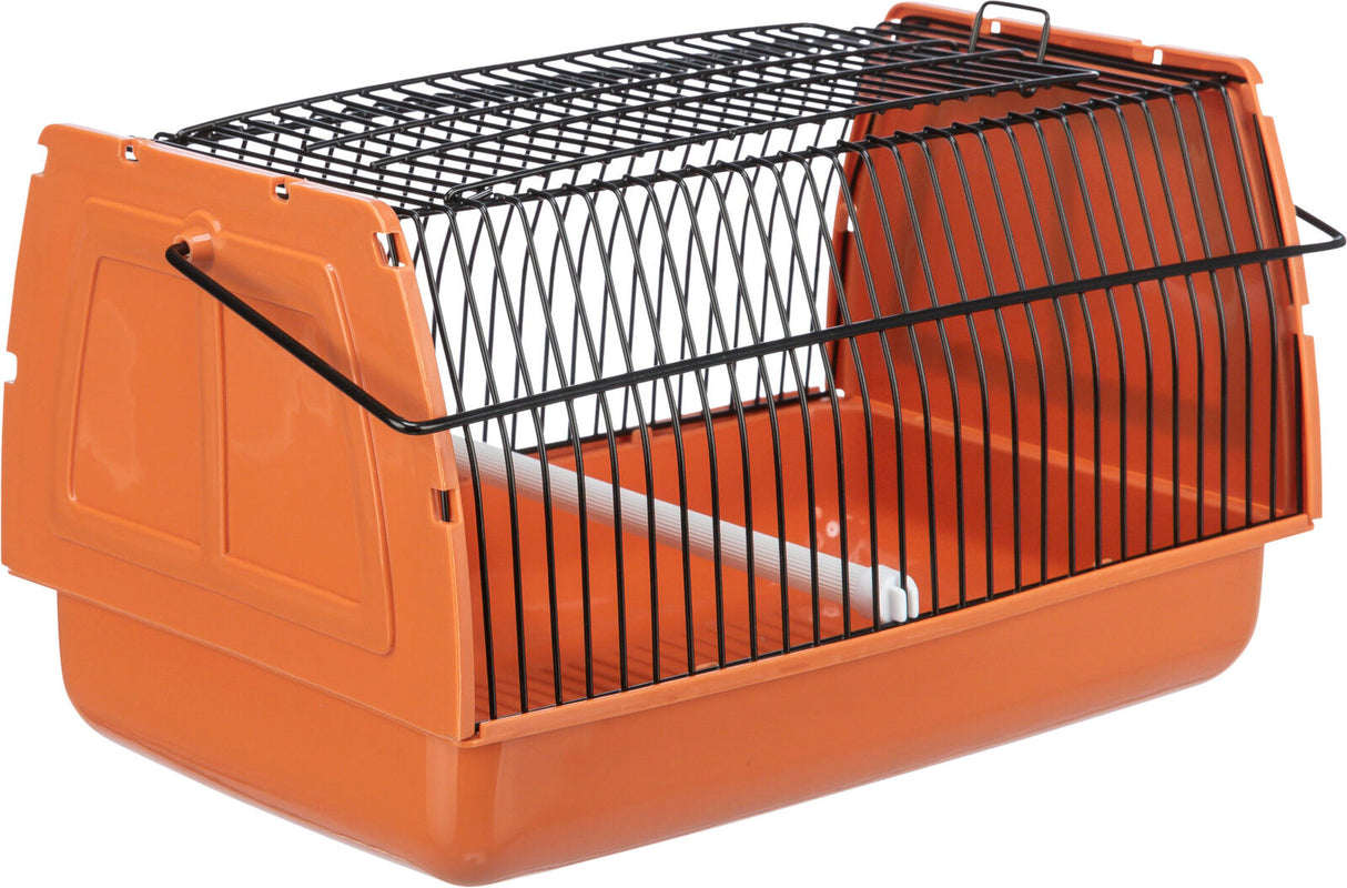 Orange Transportbox mit schwarzem Gitterdeckel und Tragegriff, ideal für den Transport kleiner Tiere.