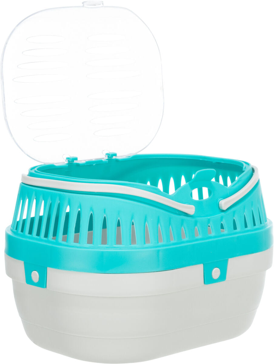 Türkise und weiße Transportbox mit offenem Deckel und Gitterstruktur an der Oberseite.