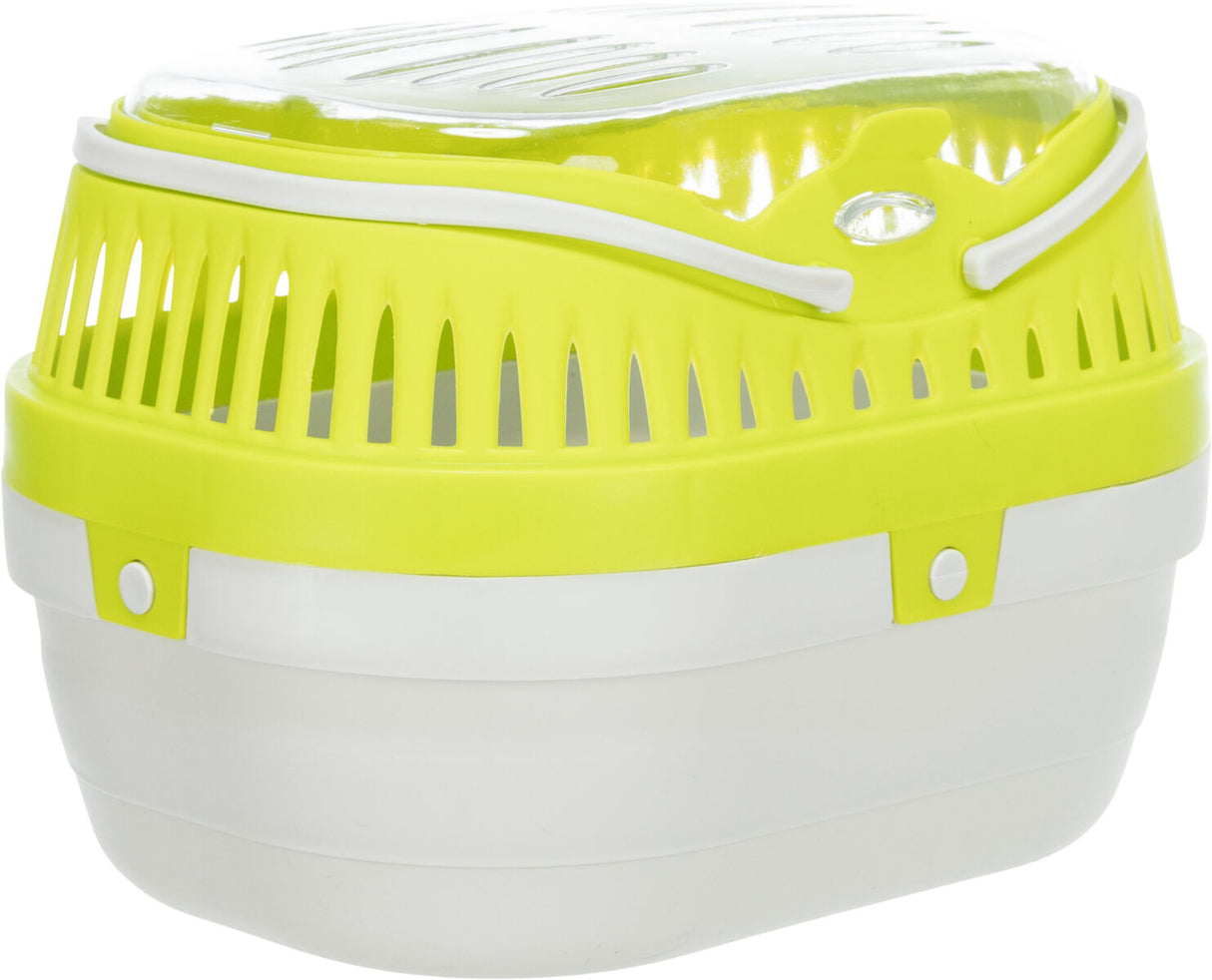 Weiße und hellgrüne Transportbox mit perforiertem Deckel und Kunststoffverschlüssen.