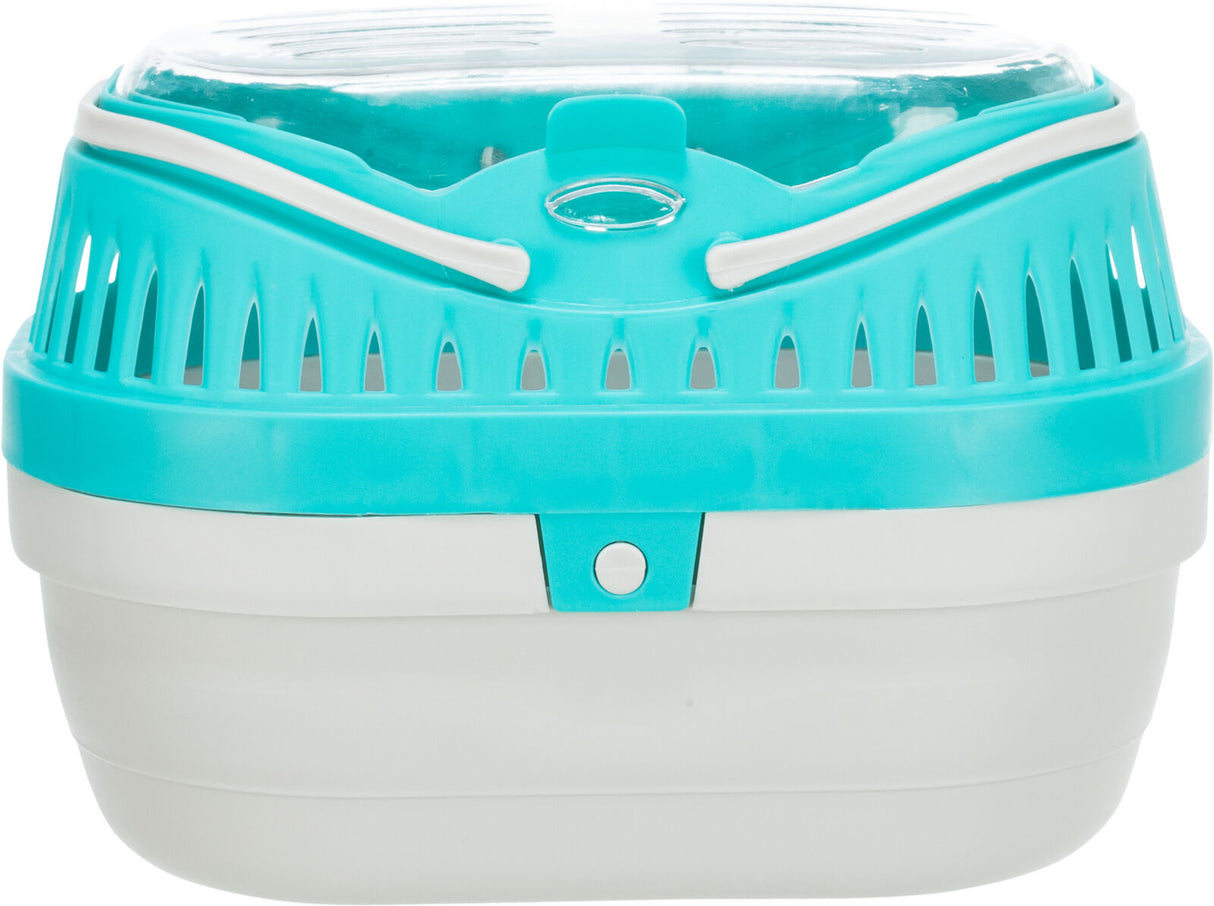 Türkis-weiße Transportbox mit belüftetem Deckel und Verschlussclip.