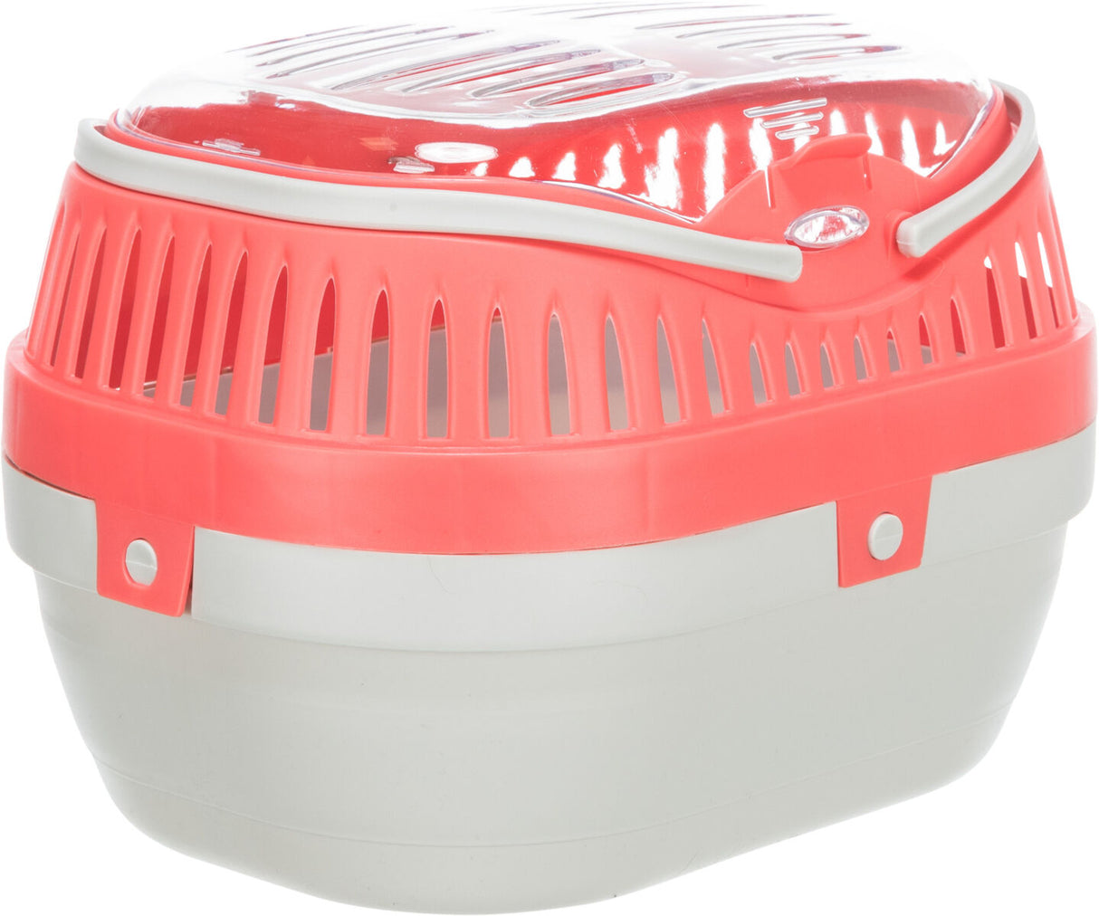 Tiertransportbox mit rot-weißem Design, Oberteil mit Luftschlitzen und durchsichtigem Deckel.