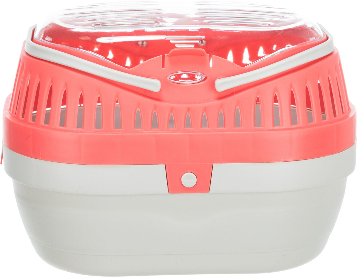 Tragbarer Behälter mit rotem Deckel und hellem Boden, Belüftungsschlitze oben, Kunststoffmaterial.