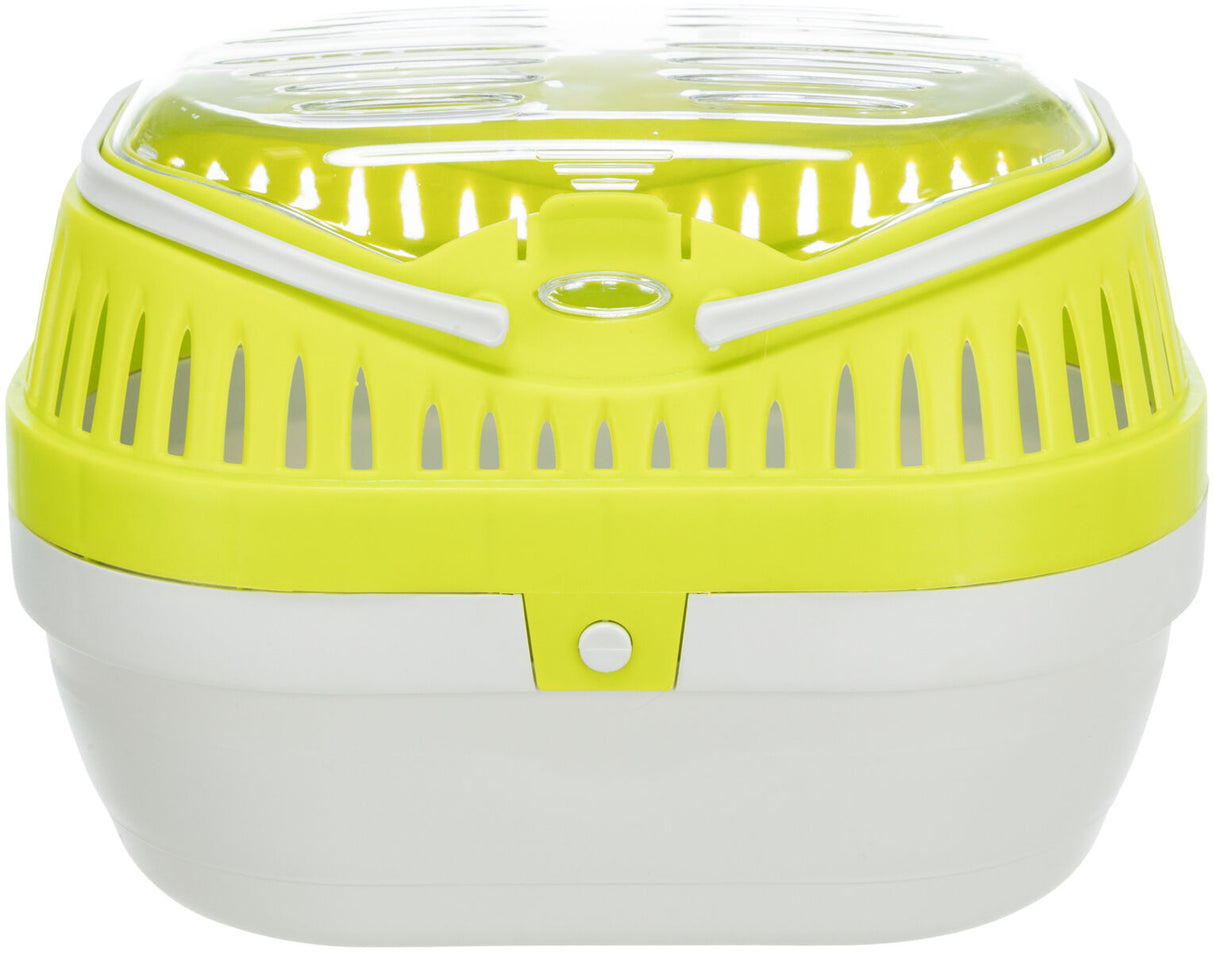 Gelbe und weiße Transportbox mit durchsichtiger, gelüfteter Haube und Griff oben.