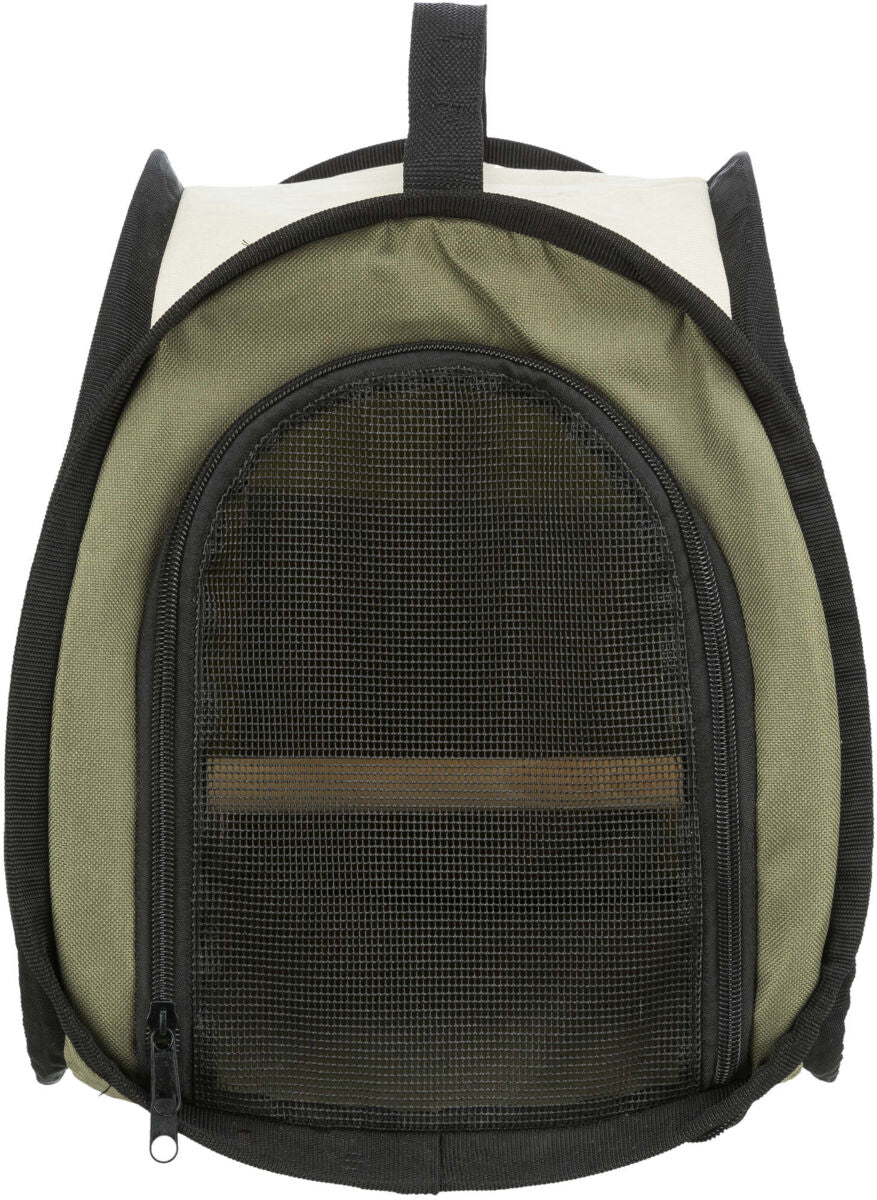 Grüner Rucksack mit schwarzem Netzgewebe vorne, schwarzer Reißverschluss am unteren Rand und eine Trageschlaufe oben.