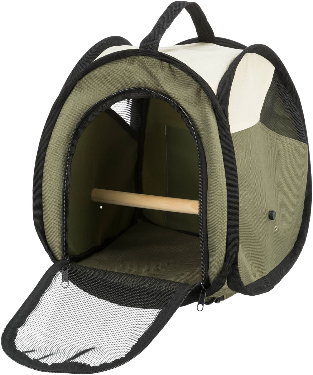 Tragbare grüne Transporttasche mit schwarzem Netzfenster und Griff, innen mit Holzstange ausgestattet.