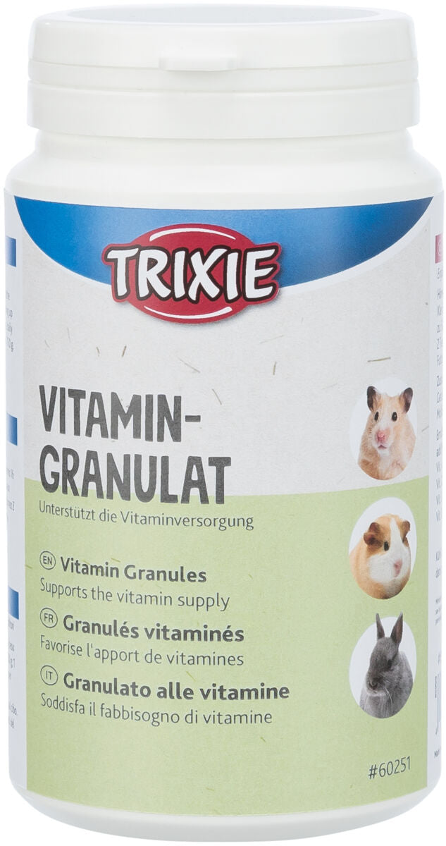 Eine weiße Dose mit blauem und grünem Etikett zeigt das Logo "Trixie" und Text "Vitamin-Granulat" für Tiere.