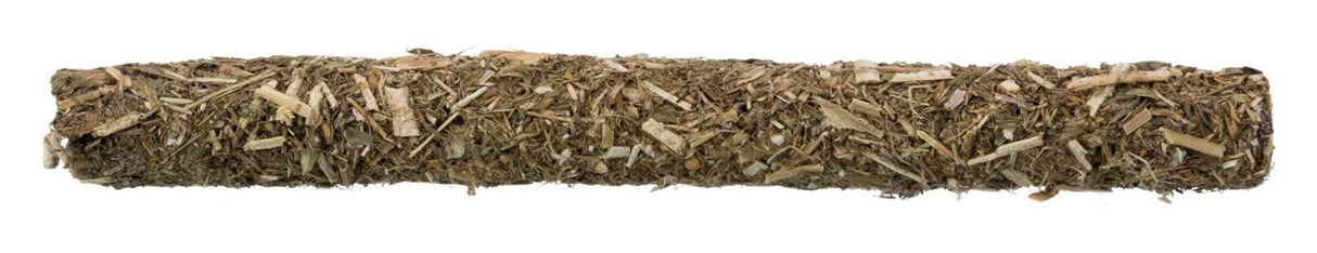 Zylindrischer Stock mit unregelmäßiger Struktur aus trockenen, braunen Pflanzenfasern vor weißem Hintergrund.