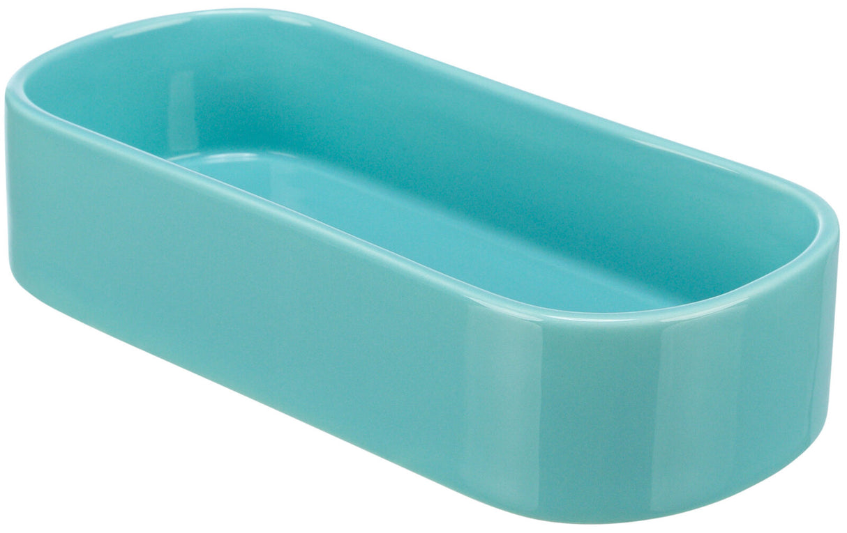 Rechteckige, türkisfarbene, glatte Schale mit abgerundeten Rändern.