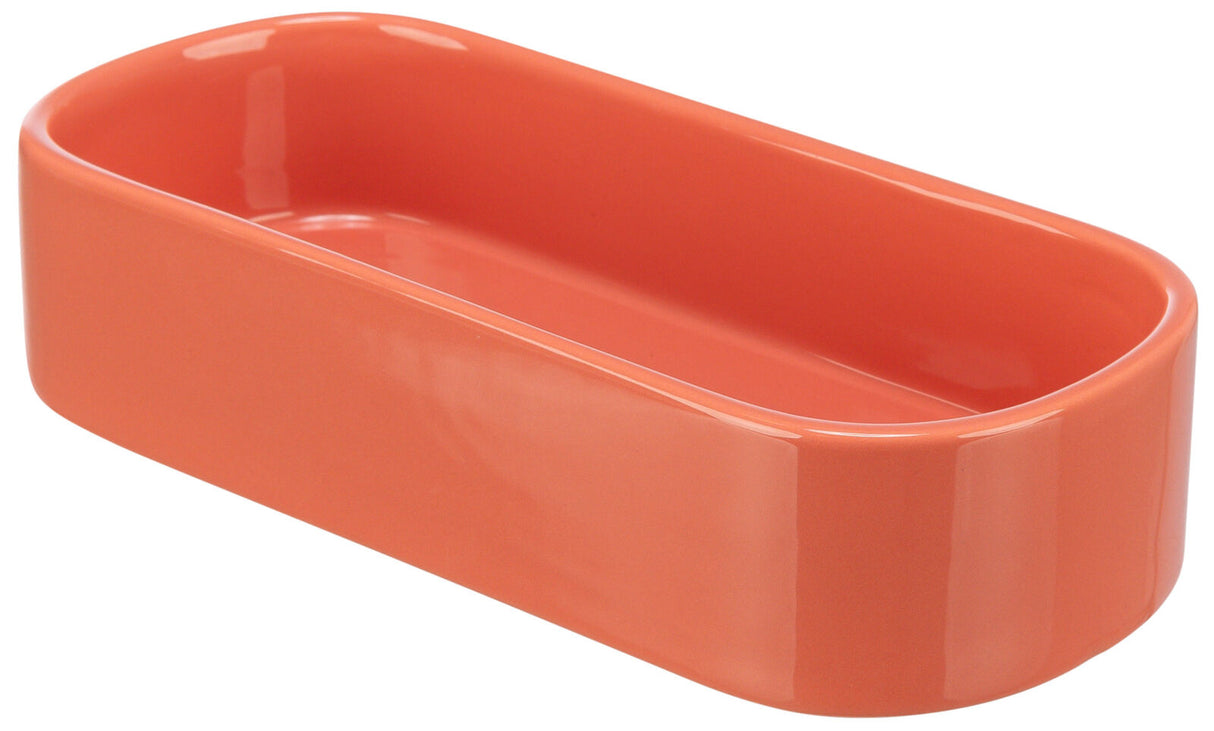 Orange, rechteckige Keramikschale mit abgerundeten Ecken und glänzender Oberfläche.
