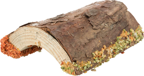 Gewölbtes Stück Baumrinde mit natürlichem Aussehen, bedeckt mit bunten, körnigen Fragmenten an den Rändern.