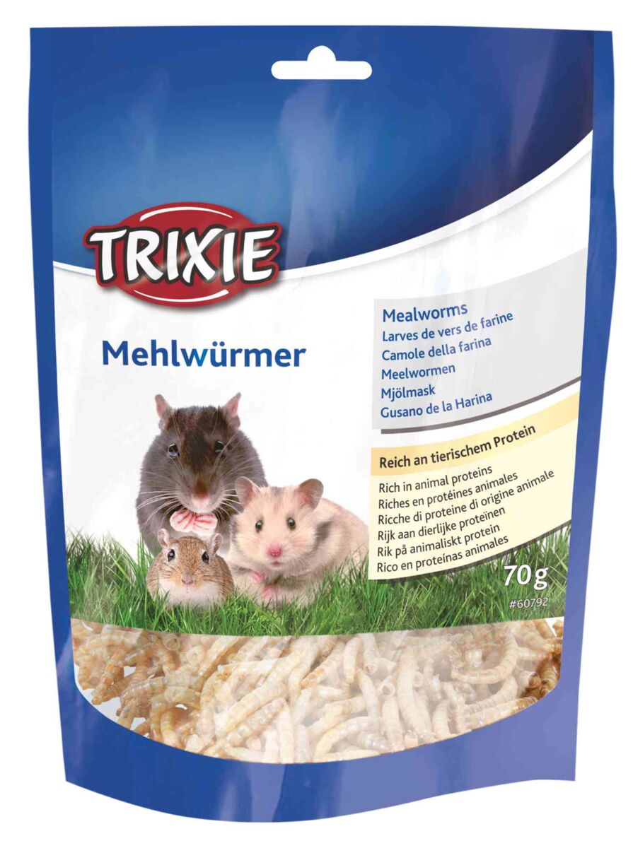 Tüte mit der Aufschrift „Trixie Mehlwürmer”, Bild von Kleintieren, enthält getrocknete Würmer, 70g, blau-weiße Verpackung.