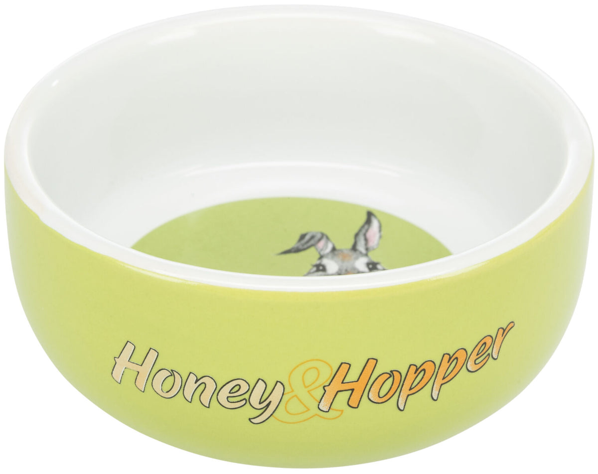 Keramikschale in Hellgrün mit dem Text "Honey & Hopper", Innenboden mit Hasenmotiv.